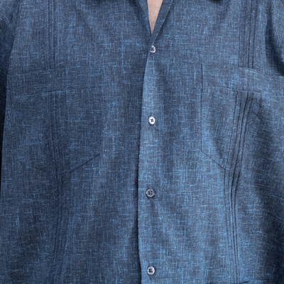 traditional pleat detail on cuban dark blue short sleeve guayabera