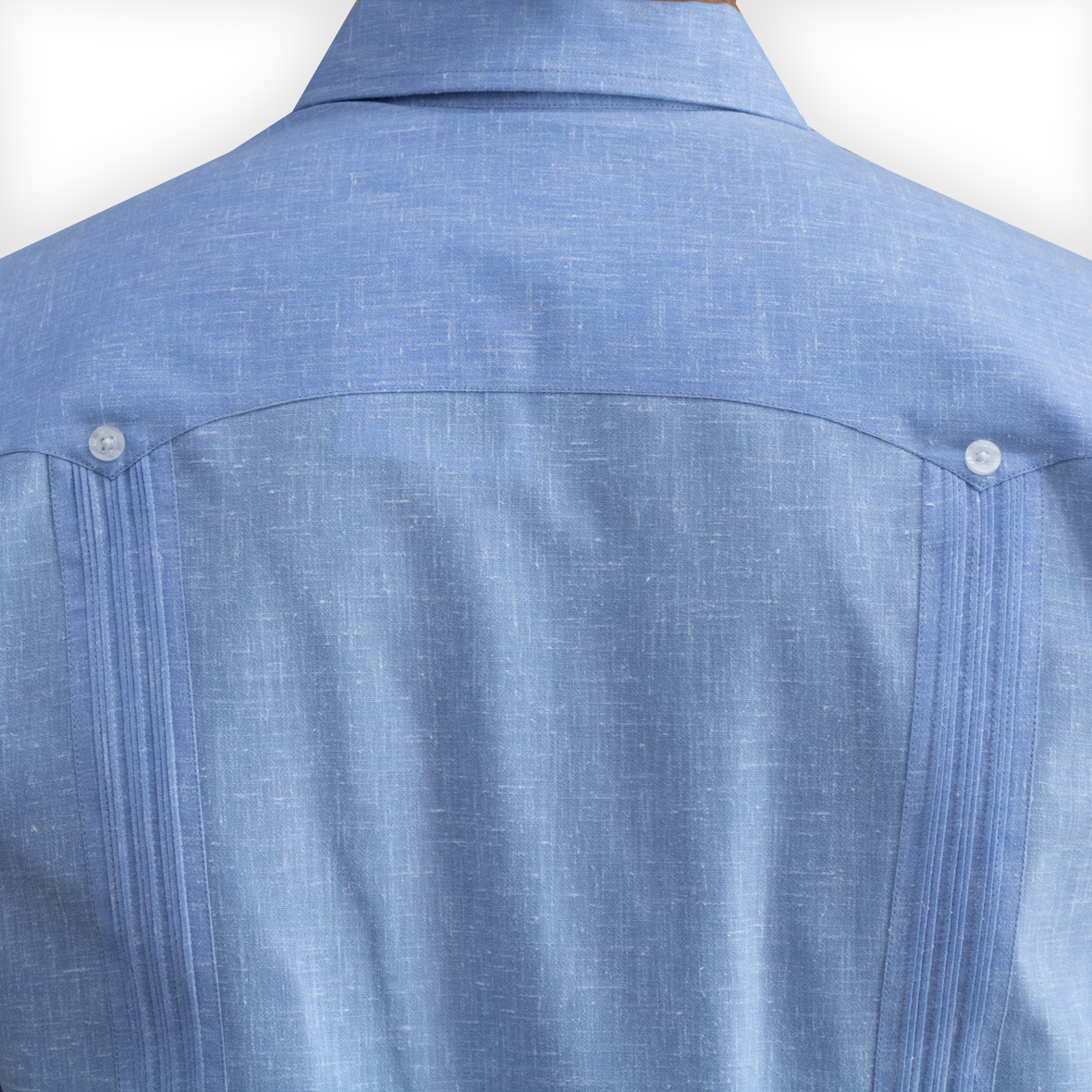 traditional pleat detail on cuban light blue short sleeve guayabera