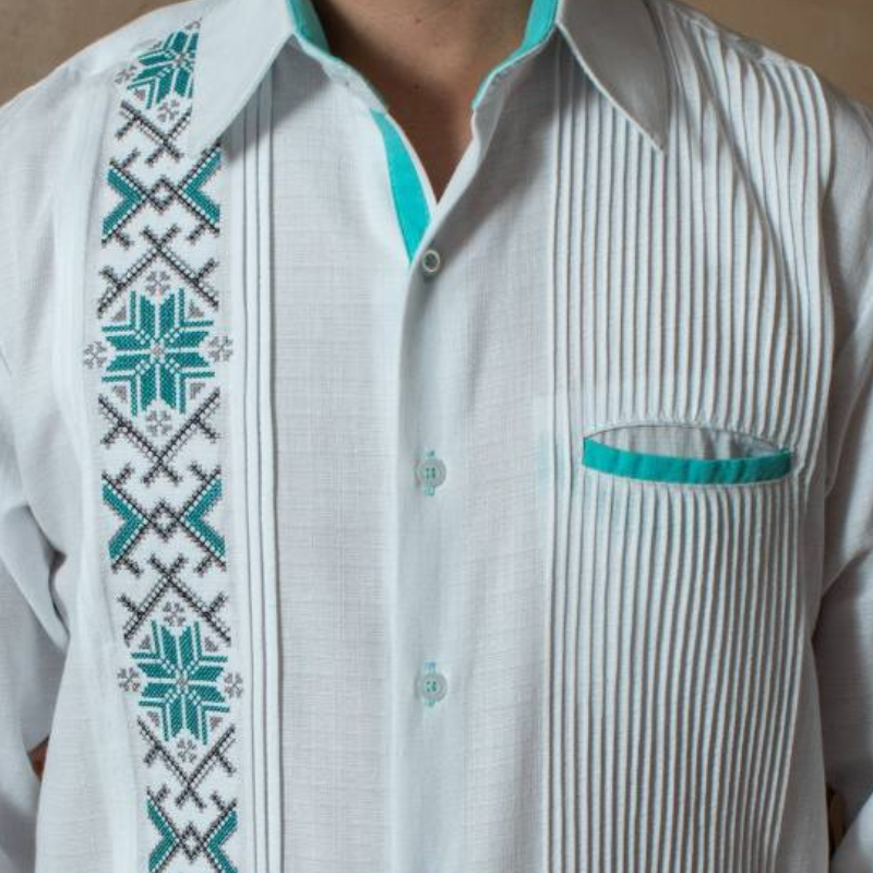 Mexican style guayabera shirt with turquoise embroidery