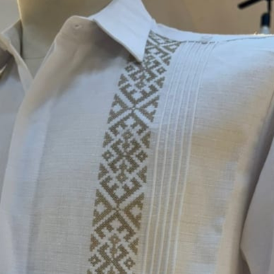 white guayabera with beige embroidery