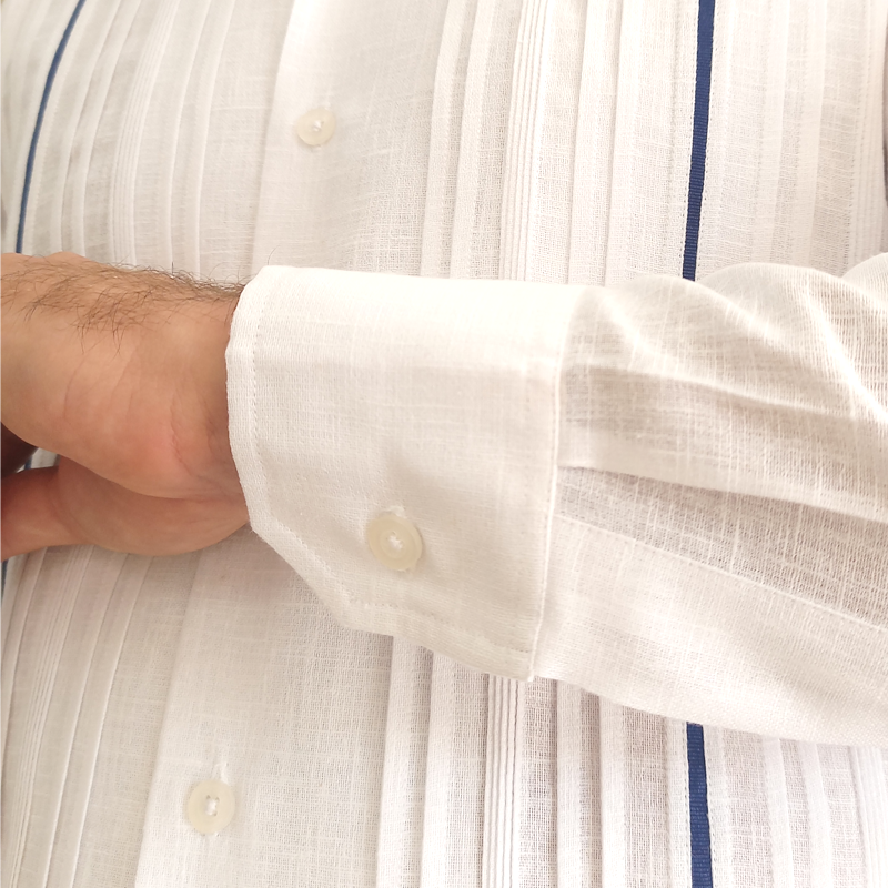 white long-sleeve wedding guayabera with blue trim – Casa Habana