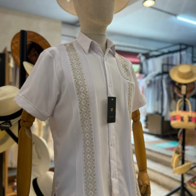 white short sleeve guayabera with beige embroidery