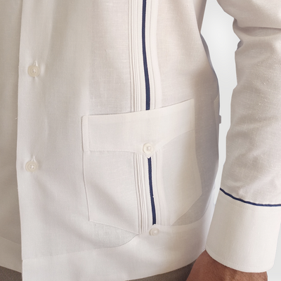 white wedding guayabera with blue trim