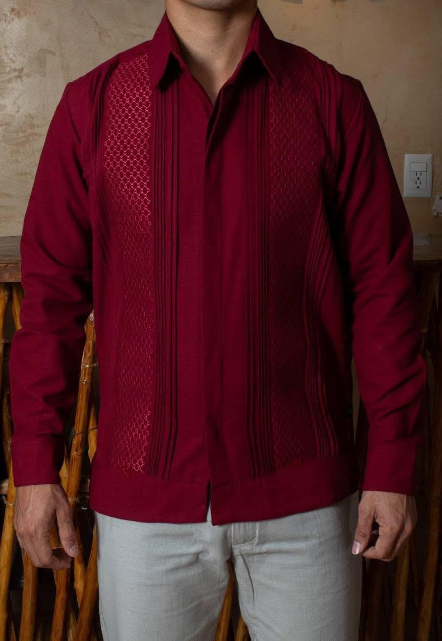 wine red long sleeve guayabera for men