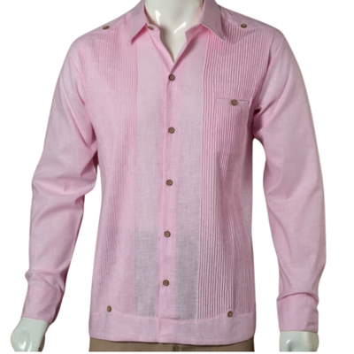 wood button detail on pink guayabera