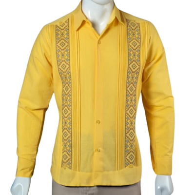 yellow embroidered long sleeve guayabera for men