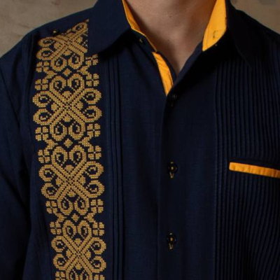 yellow embroidery on chest royal blue guayabera handmade